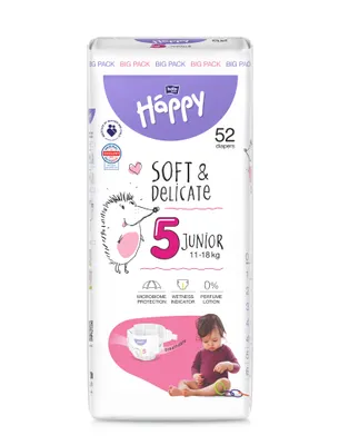 A package of Bella Baby Happy Junior diapers with a cartoon hedgehog and a baby.