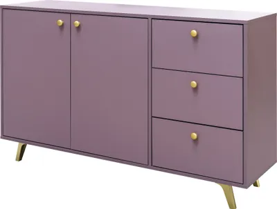 A purple sideboard with gold hardware and legs, shown against a white background.