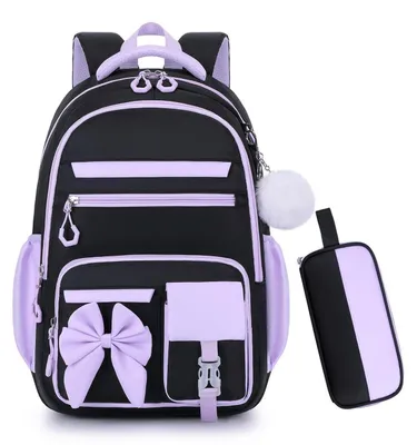 Immagine prodotto di Set da scuola per bambine, composto da 2 articoli: astuccio, zaino scolastico, impermeabile, ergonomico, colore nero e viola