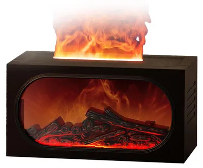 A black electric fireplace with artificial logs and a flame effect.