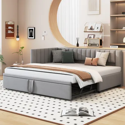 Image de Sweiko Canapé-lit multifonctionnel en forme de L avec lit gigogne 90/180x200cm, lit rembourré en tissu velours, design peu encombrant pour lit d'enfant, lit d'invité Gris