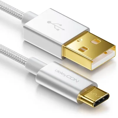 Produktbild von deleyCON 2m USB-C auf USB-A Kabel Ladekabel Datenkabel Nylon - Silber