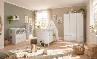 Produktbild von Babyzimmer Landhaus in Weiß 8 teiliges Komplett Set mit Soft Close und Babybettmatratze Babyzimmermöbel komplett, komplett Babyzimmer, KI-generiertes Bild