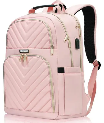 Productafbeelding van Rugzak voor dames, 17,3 inch, met USB-oplaadpoort, laptoprugzak, waterdicht, roze