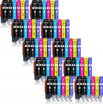 A stack of printer ink cartridges arranged in a stepped pattern.