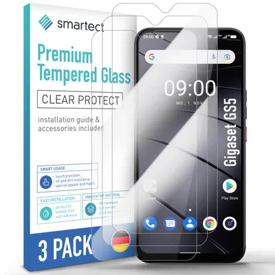 A product shot of a 3-pack of screen protectors for a Gigaset GS5 smartphone, shown with the packaging and a representation of the phone with the protector applied.