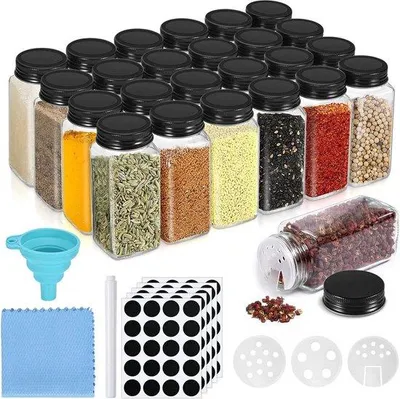 Immagine prodotto di Contenitori per spezie in vetro da 120 ml, set da 24 pezzi, neri, quadrati