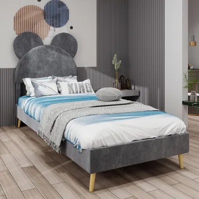 Productafbeelding van Sweiko Modern minimalistisch gestoffeerd bed met zacht hoofdeinde met een cartoon-design, 140x200 cm, grijs. Multifunctioneel slaapkamer meubel, laag profiel zonder opbergruimte (zonder gaslift). Matras niet inbegrepen.