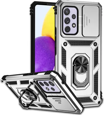 A silver phone case with a sliding camera cover and a ring holder stand, shown from multiple angles.