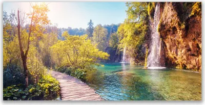Produktbild von Küchenrückwand aus Glas 120x60cm Spritzschutz See Felsen Brücke Landschaft