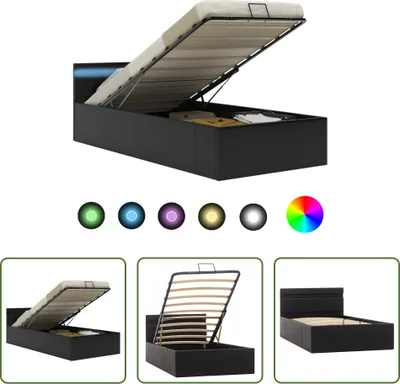 Produktbild von The Living Store Bett mit Bettkasten Hydraulisch LED Schwarz Kunstleder 90x200cm