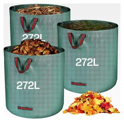 Produktbild von Stabiler Gartenabfallsack 3 x 272L - Faltbarer Gartensack mit Griffen - Robuste Grünschnittsäcke aus Polypropylen-Gewebe 150GSM für Gartenabfälle