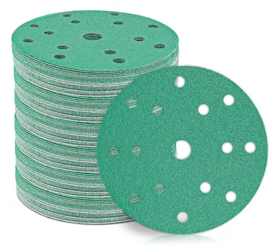 Productafbeelding van Exzenter schuurplaten, diameter 150 mm, 15 gaten, korrelgroottes 60/80/120/180/400, 50 stuks, klittenband, groen