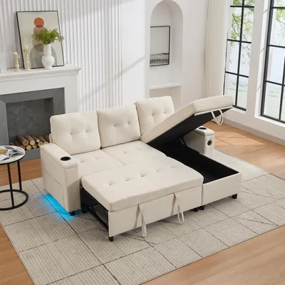 Zdjęcie produktu dla Trzyosobowa sofa rozkładana Merax z uchwytami na kubki, rozkładana sofa z ukrytym schowkiem, narożnik Treviso z oświetleniem LED i złączami USB i Type-C, w kształcie litery L, beżowa