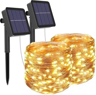 Immagine prodotto di Catene luminose solari, confezione da 2, lunghezza 12 metri, 120 LED, per uso esterno, impermeabili, ideali per giardino, terrazza, portico, feste, luce bianca calda