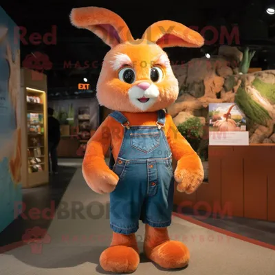 Produktbild von Oranger REDBROKOLY Hase Maskottchen Kostüm charakter bekleidet mit Schlagjeans und Krawattennadeln