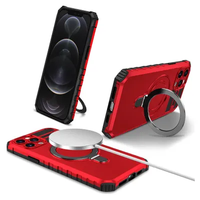Three views of a red iPhone case with a magnetic ring stand and MagSafe compatibility.