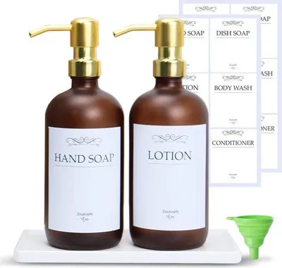 Image de Lot de 2 distributeurs de savon en céramique de 500 ml, marron, pour la cuisine et la salle de bains