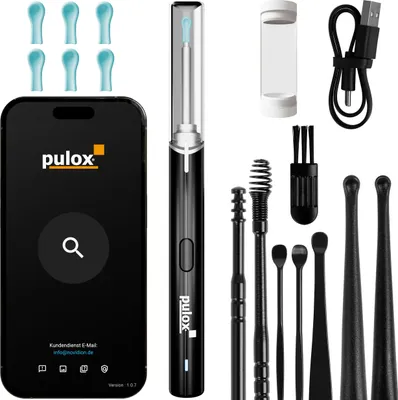 A collection of ear cleaning tools and a smartphone app are displayed against a white background.