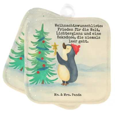 Produktbild von Mr. & Mrs. Panda Topfuntersetzer Pinguin Weihnachtsbaum Design - Weiß - Geschenk, Winter, topfhalter, Ofenlappen, Weihnachten, Topflappen, Set, Doppel