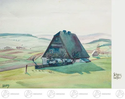 Productafbeelding van Kunstkaart Max Schanz, "Kleuren van het gebergte", Erzgebirgshaus. Afmetingen: ongeveer 10,5 cm x 14,8 cm. Nieuw