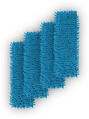 Four blue chenille mop heads arranged in a staggered diagonal line.