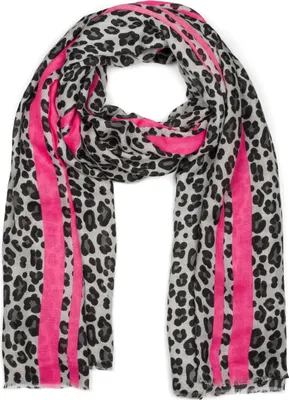 Produktbild von styleBREAKER Damen Schal mit Leo Muster und farbigem Streifen | Weiches Material mit Fransen | Animal Print Tuch in One Size