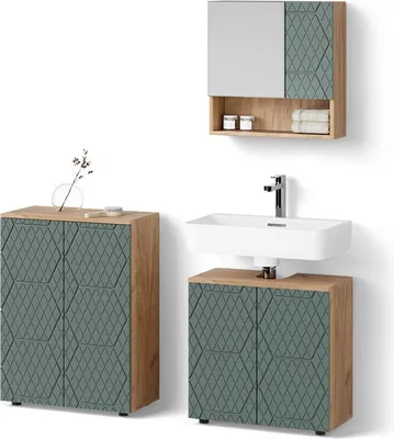 Image de Ensemble meubles bain Livinity Ronco Vert/force de l'or Chêne 3 pièces, avec meuble bas 60 cm, Model 52928