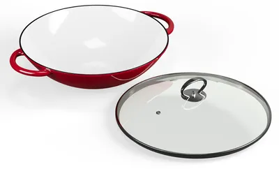 Produktbild von ToCi Wok-Pfanne aus Gusseisen, Emaillierte Pfanne & Wok, Große & Tiefe Beschichtete Pfanne, Wokpfanne mit Deckel & Griffen, Antihaft- für Induktion, Glaskeramik, Backofen, Gas- & Elektroherd