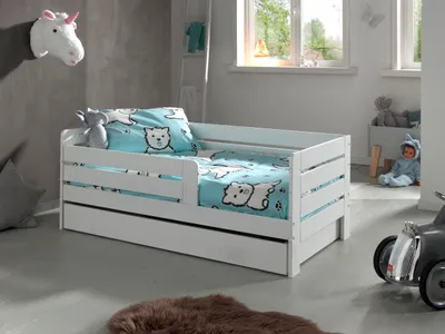 Produktbild von Vipack - Juniorbett mit Liegefläche 70 x 140 cm, Umrandung mit waagerechten Paneelen, inklusive Bettschublade, Ausf. MDF weiß lackiert