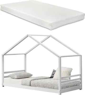 Obrázek produktu pro [en.casa] Dětská postel s roštem, mřížemi a matrací 90x200cm Dětská postel dřevo Bílá postel Dětská postel pro mládež