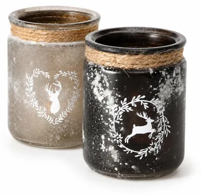 Produktbild von Windlicht Teelichthalter 2er Set Hirsch-Motiv Glas Beige Grau 8x10 cm Deko