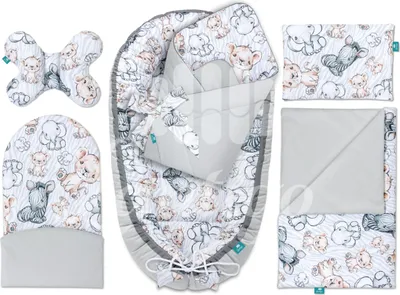 Image de Lantigo Ensemble de nid de bébé 6 pièces pour nouveau-nés, avec oreiller, couverture et cocon - Coton, 95×55 cm - Safari Grey