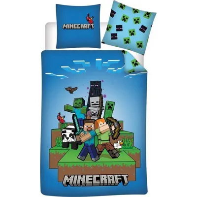 Produktbild von Unyqoos® Minecraft Bettwäsche 'Fight' – Wendebettbezug für Einzelbett 140 x 200 cm, Polyester, inkl. Kissenbezug 63 x 63 cm, doppelseitiger Druck