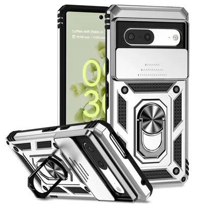 Immagine prodotto di Custodia per Google Pixel 7 Pro a doppio strato con copertura scorrevole della fotocamera e supporto ad anello Argento