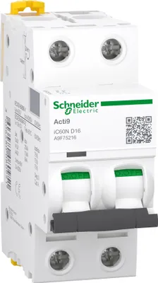 Image de Acti9 iC60N - Disjoncteur - 2P - 16A - Courbe D - 400Vca - 6000A/10kA - SCHNEIDER ELECTRIC - A9F75216