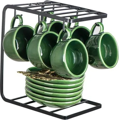 Image de Lot de tasses à espresso en porcelaine verte de 120 ml avec cuillères et support métallique
