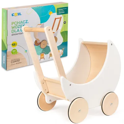 A wooden toy doll stroller and its packaging are displayed against a white background.