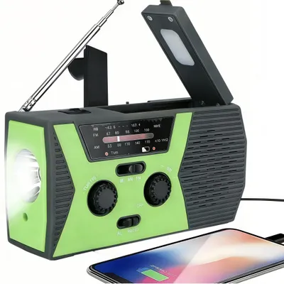 Produktbild von AM/FM Wetterradio mit Solar & Handkurbel – 2000mAh Powerbank, LED-Taschenlampe, Leselampe, Alarm, IPX3 – 4 Lademethoden für Notfall & Outdoor