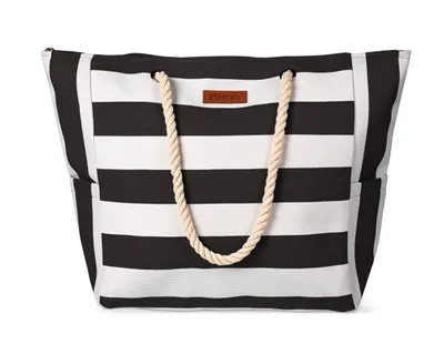 Produktbild von Strandtasche Damen Große Badetasche mit Reißverschluss Freizeittasche Sommer Tasche Gestreift Shopper Bag Einkaufstasche XXL Schwarz