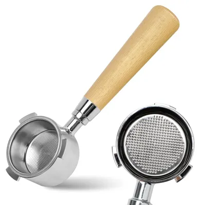 Bodenloser Siebträger 51 mm für DeLonghi Dedica, Edelstahl, Holzgriff