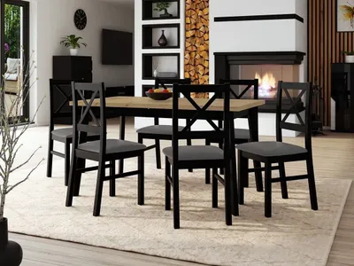 Obrázok produktu pre Rozkladací jedálenský stôl 140 cm so 6 stoličkami ADELBITE 3 - dub artisan / čierny / oceľový šedý