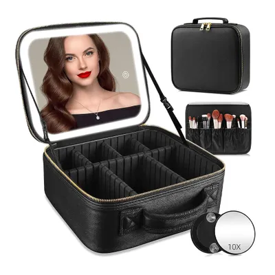 Image de Travel Makeup Bag pour femmes，Coffret de maquillage avec miroir 1/10x et lumière 3 couleurs,