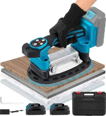 Produktbild von Fliesenverlegegerät - Handgeführtes elektrisches Saugheber-Werkzeug - 400 kg Tragkraft, 20000 U/min, 9 Stufen, für Keramikfliesen und Marmor, 2 Akkus