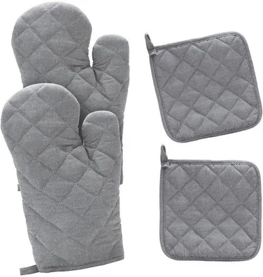 Produktbild von Unyqoos® 4‑teiliges Ofenhandschuhe & Topflappen Set aus Baumwolle/Polyester, Ofenhandschuhe 18×32 cm, Topflappen 18×23 cm, hitzebeständig bis 230 °C, maschinenwaschbar