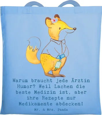 Produktbild von Mr. & Mrs. Panda Tote Bag Humorvolle Ärztin - Sky Blue - Geschenk, Humor, Berufsgestaltung, Tasche, Mitgefühl, Baumwolltasche, Laptoptasche, Berufsprodukte, Beruf