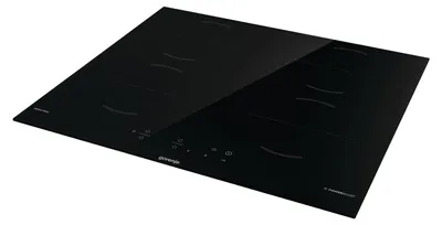 A black induction hob is shown from a diagonal angle against a white background.