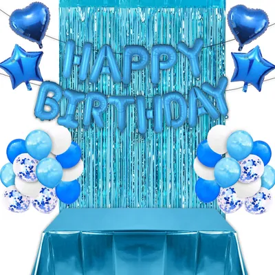 Image de Lot de décoration d'anniversaire pour garçon avec ballons bleus et guirlande « Happy Birthday »
Ballons, ballons en latex, rideau pailleté, décoration d'anniversaire bleue pour enfants