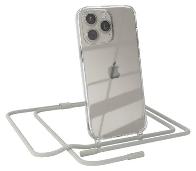 A clear phone case with a lanyard attached, shown from a diagonal angle against a white background.
