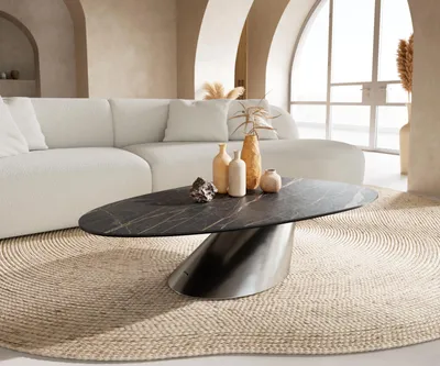 Produktbild von DELIFE Couchtisch Edge Oval 140x75 cm Keramik Laminam® Noir Desir Braun Conis Edelstahl gebürstet